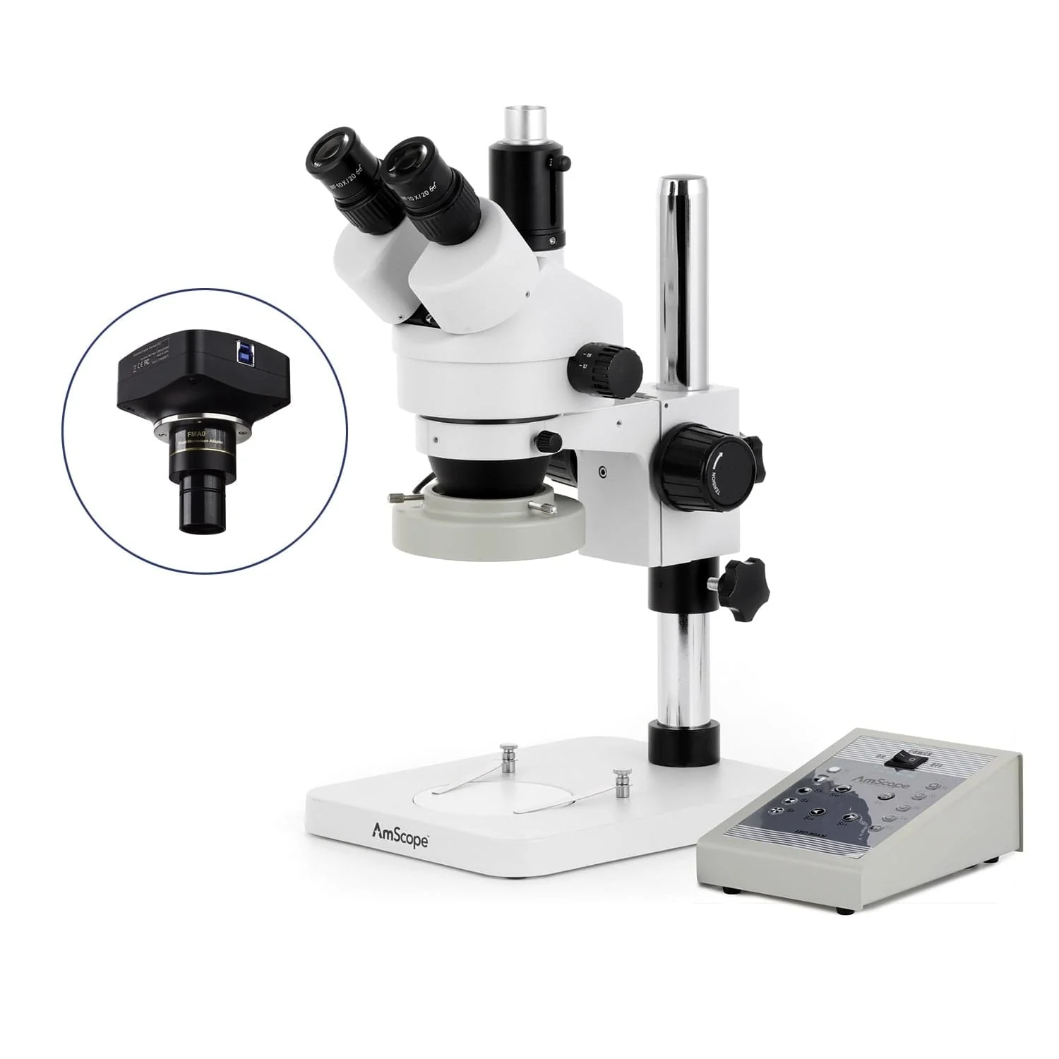 AmScope SM-1 Series Zoom Trinocular Stereo Microscope with 80 LED Direction Variable Ring Light and Optional Digital Camera on Pillar Stand - Image 4