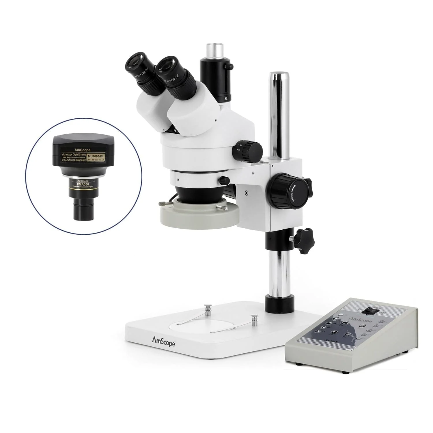 AmScope SM-1 Series Zoom Trinocular Stereo Microscope with 80 LED Direction Variable Ring Light and Optional Digital Camera on Pillar Stand - Image 6