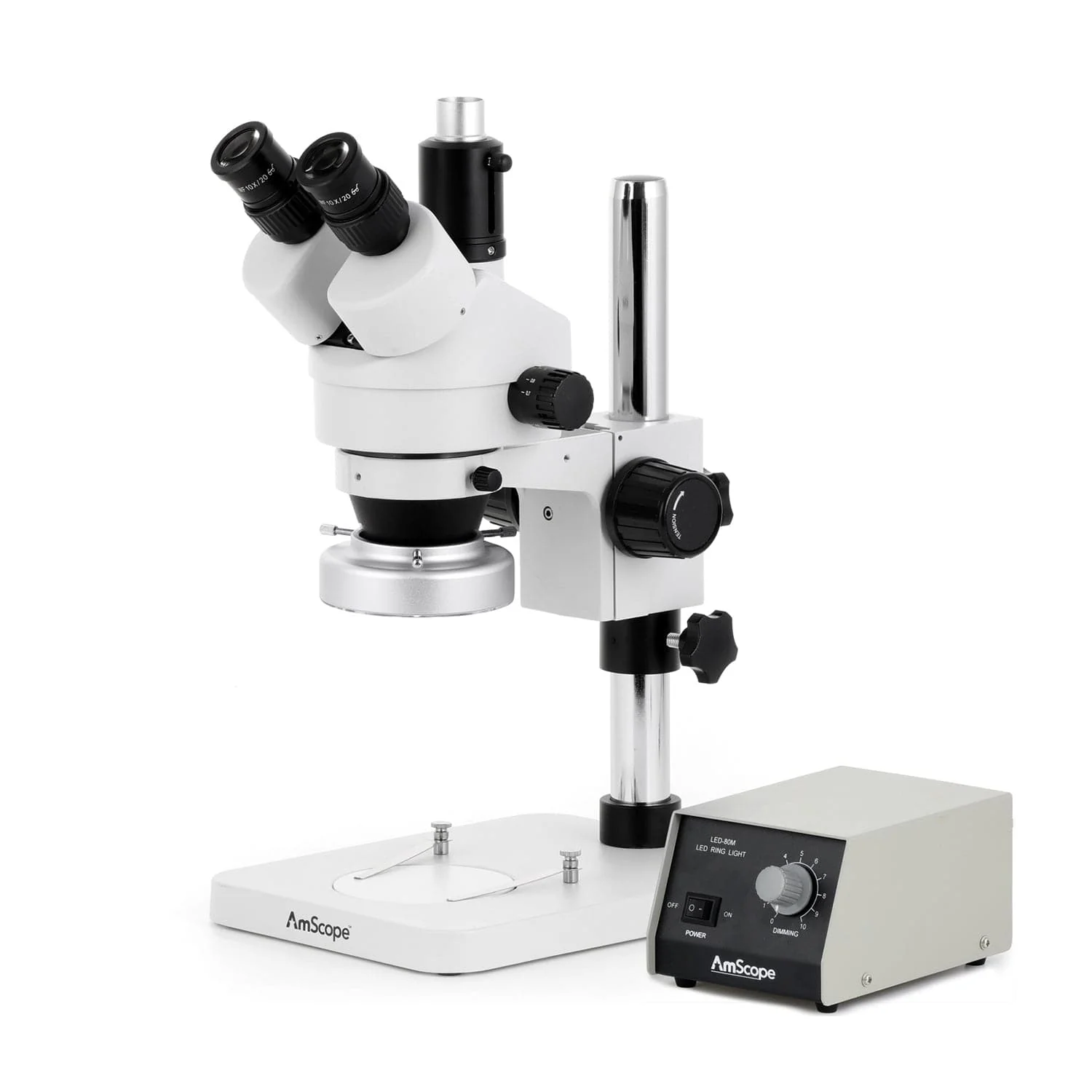 AmScope SM-1 Series Zoom Trinocular Stereo Microscope with Heavy Duty 80 LED Ring Light and Optional Digital Camera on Pillar Stand