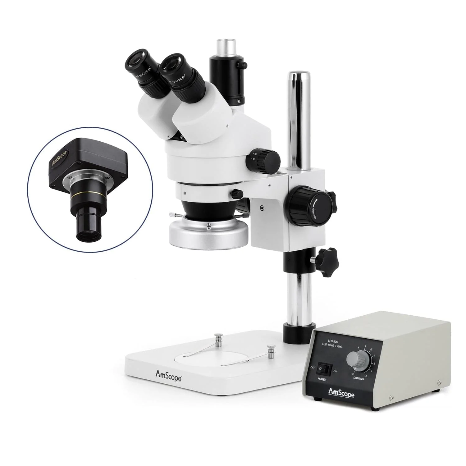 AmScope SM-1 Series Zoom Trinocular Stereo Microscope with Heavy Duty 80 LED Ring Light and Optional Digital Camera on Pillar Stand - Image 2