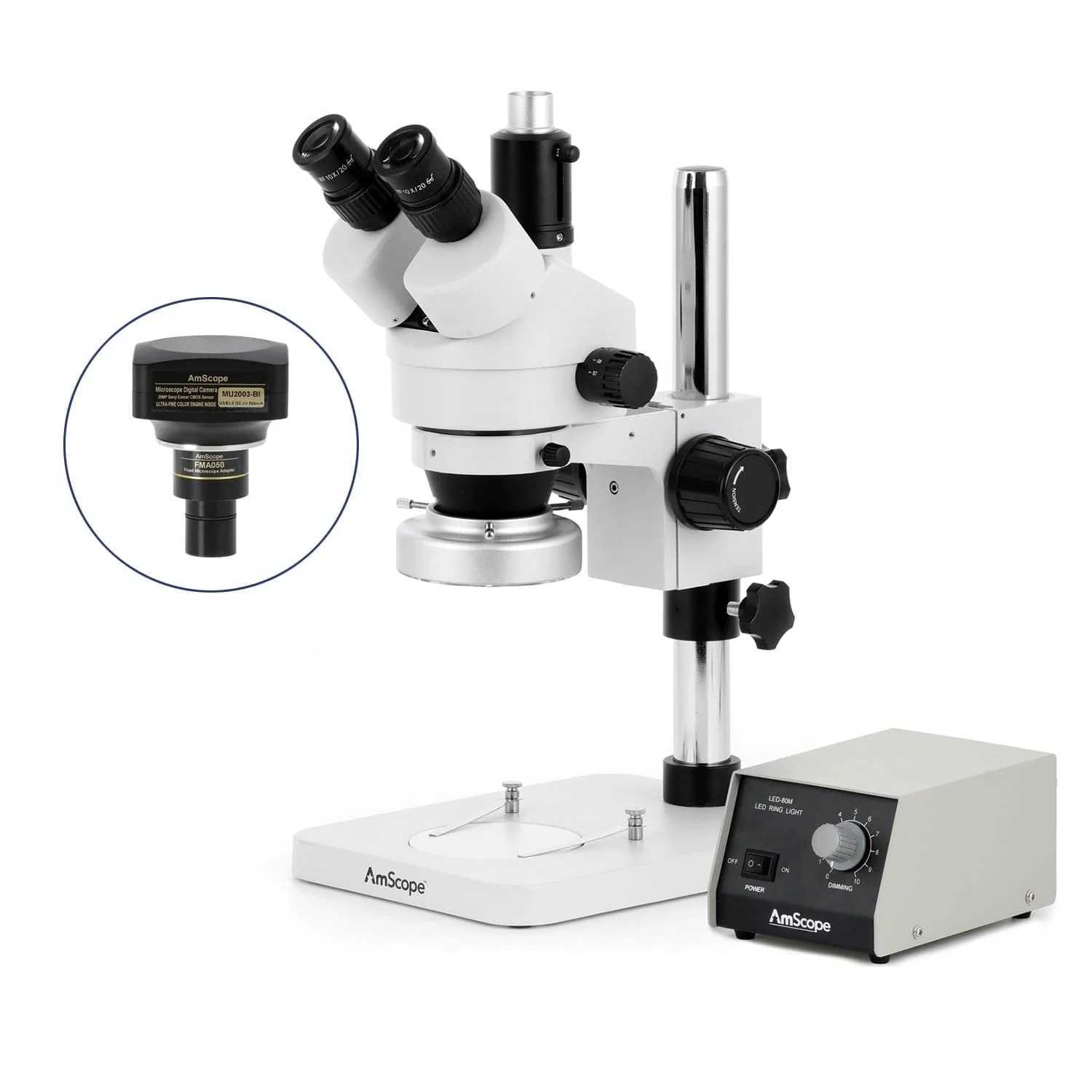 AmScope SM-1 Series Zoom Trinocular Stereo Microscope with Heavy Duty 80 LED Ring Light and Optional Digital Camera on Pillar Stand - Image 6