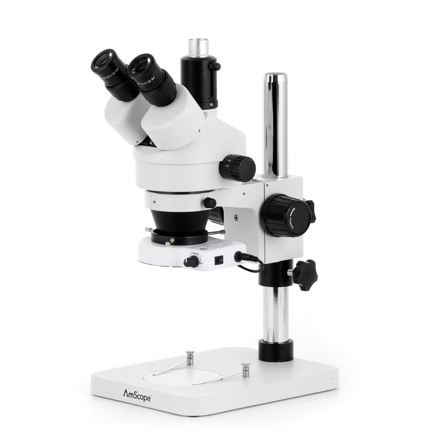 AmScope SM-1 Series Zoom Trinocular Stereo Microscope with 80 LED Compact Ring Light and Optional Digital Camera on Pillar Stand