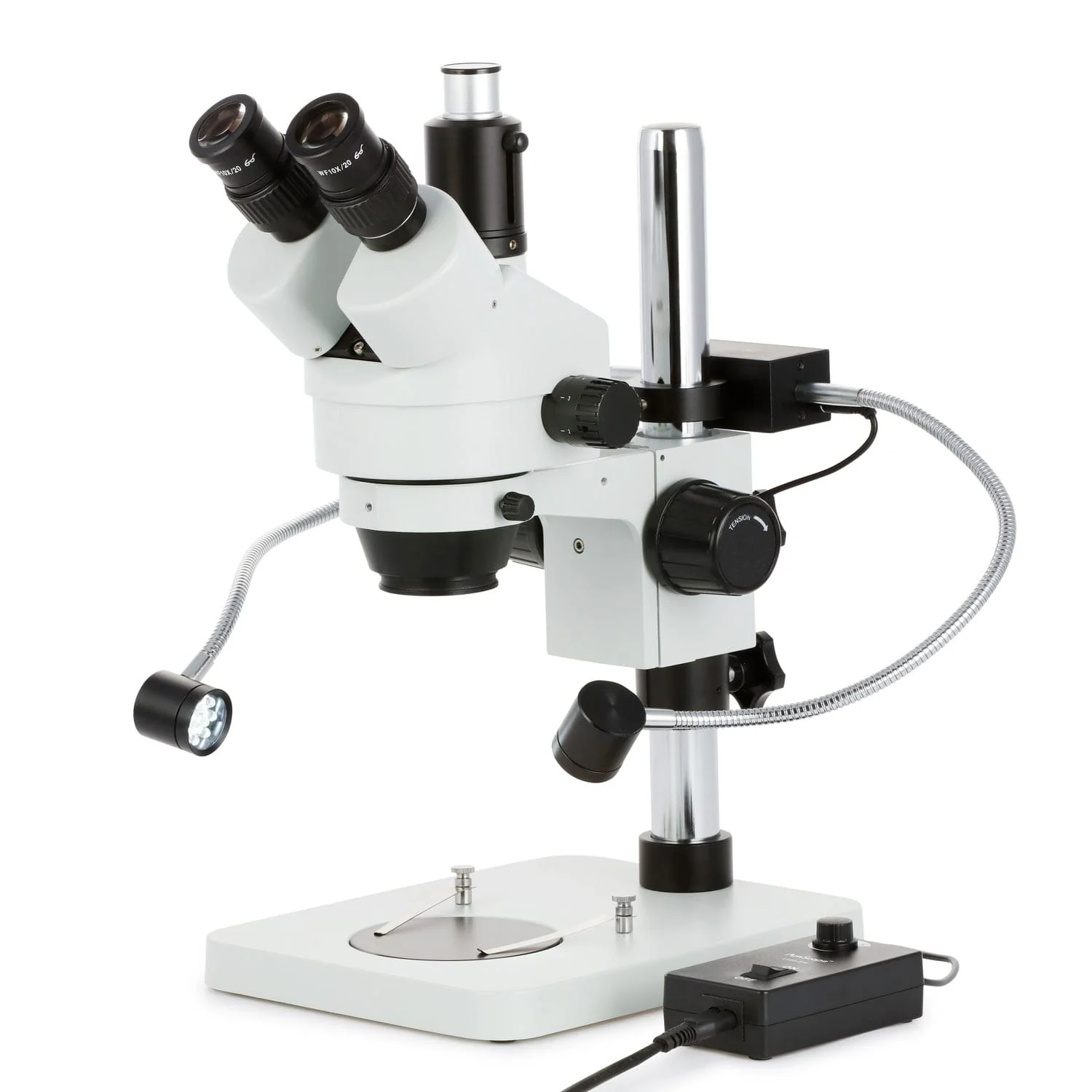 AmScope SM-1T Series Trinocular Stereo Zoom Microscope 7X-45X Magnification with 8W LED Dual Gooseneck Illuminator + Optional Digital Camera on Pillar Stand