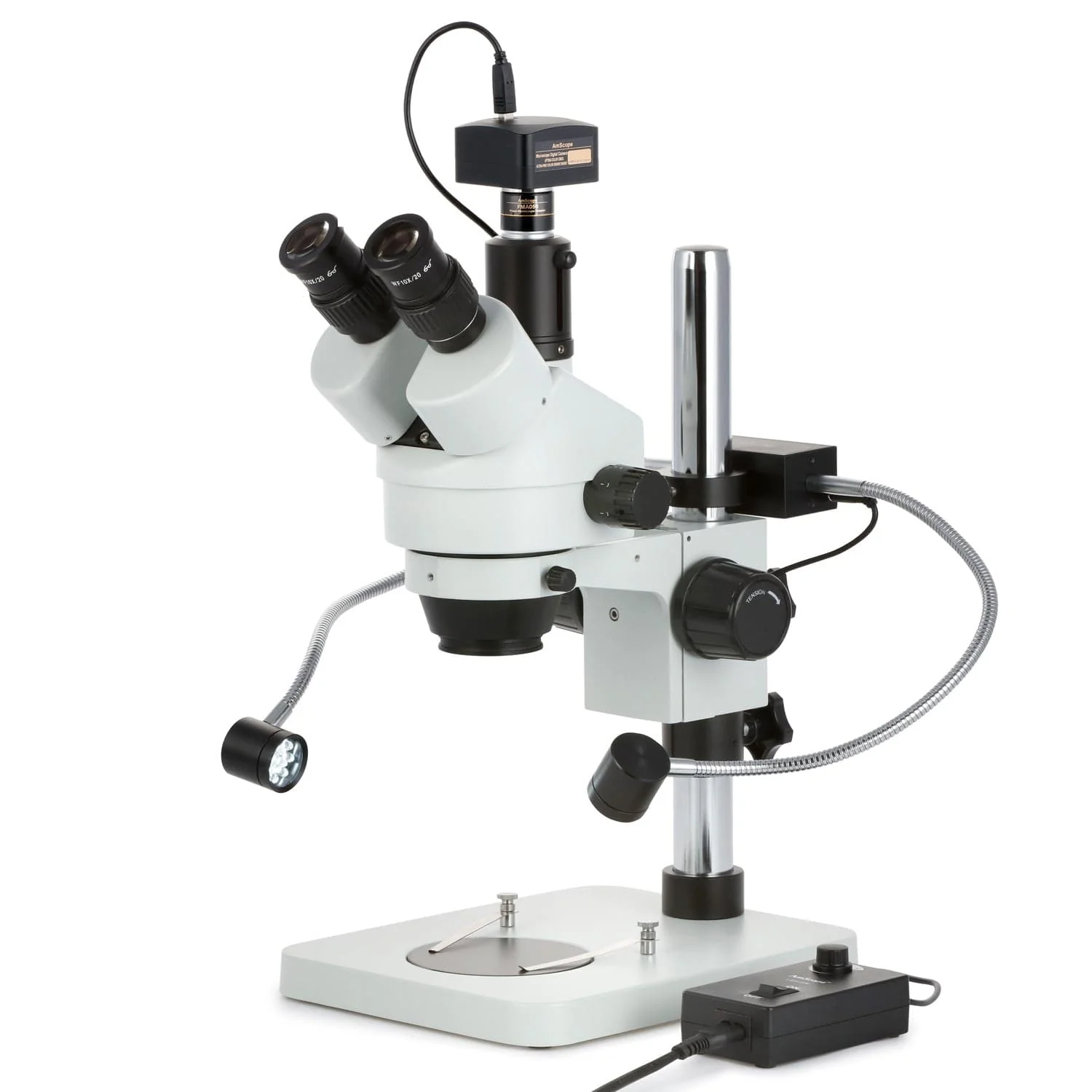 AmScope SM-1T Series Trinocular Stereo Zoom Microscope 7X-45X Magnification with 8W LED Dual Gooseneck Illuminator + Optional Digital Camera on Pillar Stand - Image 2