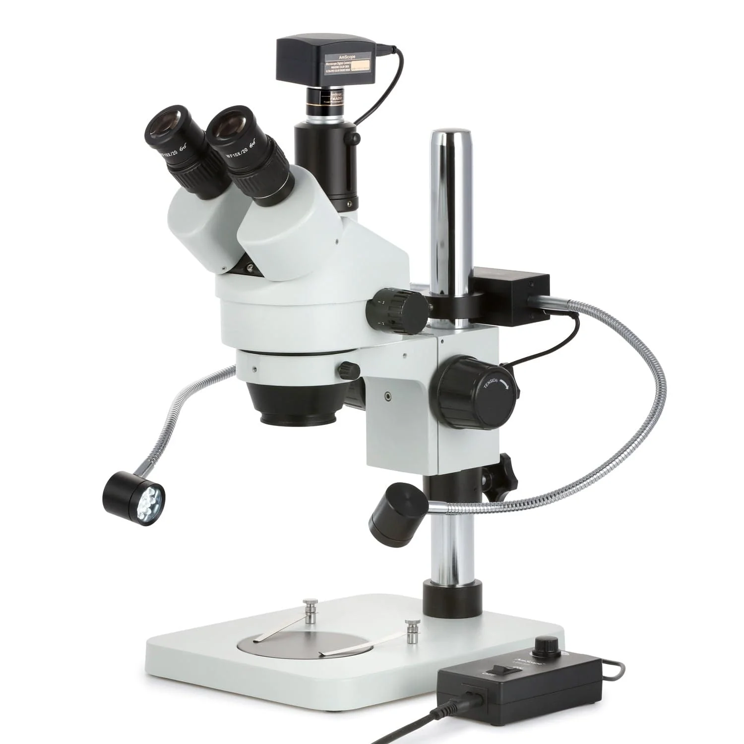 AmScope SM-1T Series Trinocular Stereo Zoom Microscope 7X-45X Magnification with 8W LED Dual Gooseneck Illuminator + Optional Digital Camera on Pillar Stand - Image 3
