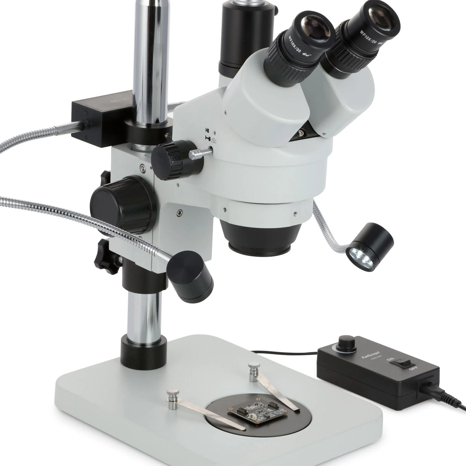 AmScope SM-1T Series Trinocular Stereo Zoom Microscope 7X-45X Magnification with 8W LED Dual Gooseneck Illuminator + Optional Digital Camera on Pillar Stand - Image 5