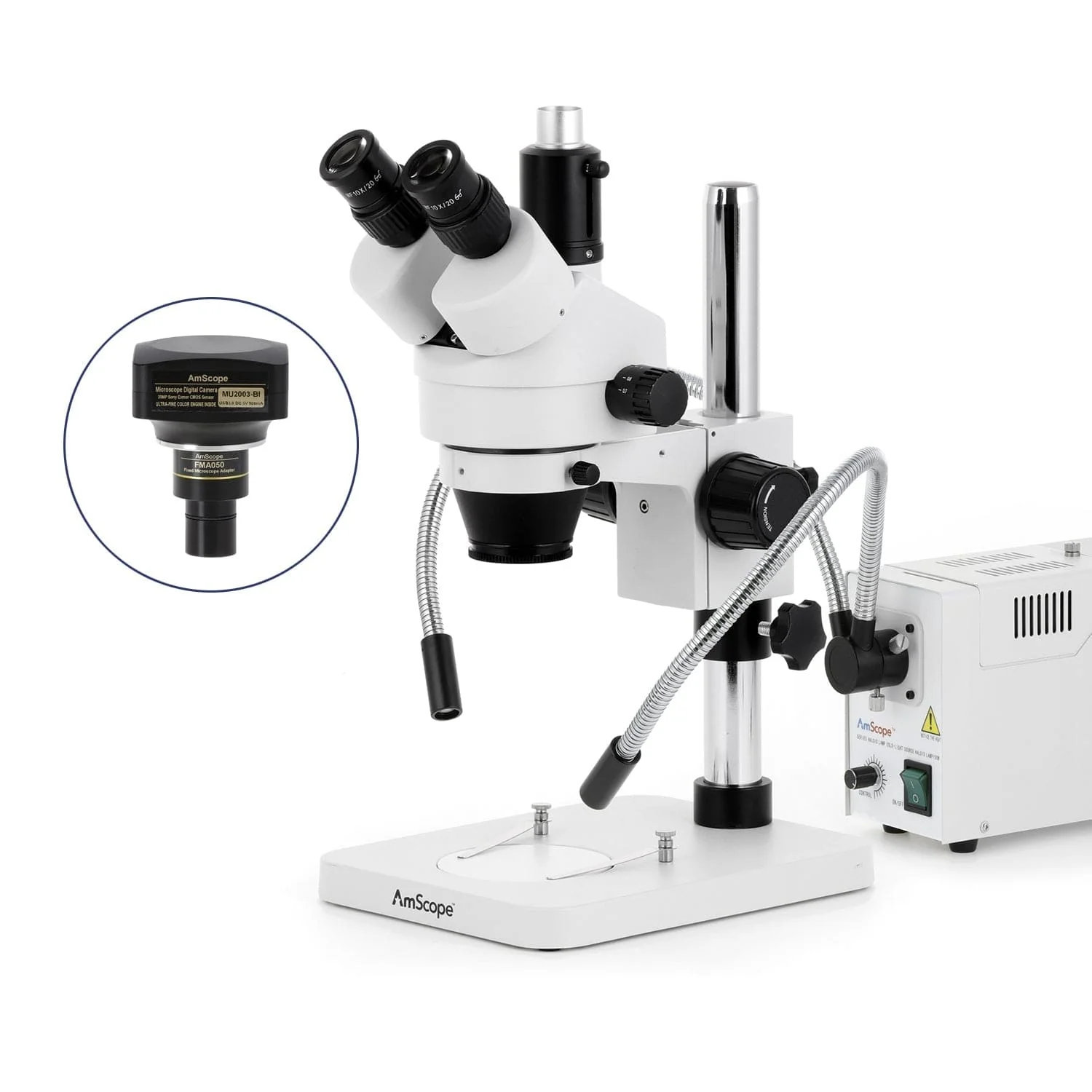 AmScope SM-1 Series Zoom Trinocular Stereo Microscope with 150W Halogen Dual Fiber Gooseneck Lights and Optional Digital Camera on Pillar Stand - Image 6