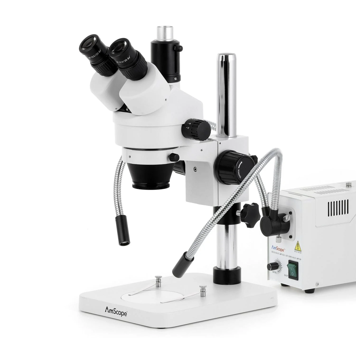 AmScope SM-1 Series Zoom Trinocular Stereo Microscope with 150W Halogen Dual Fiber Gooseneck Lights and Auto Focus Camera on Pillar Stand - Image 2