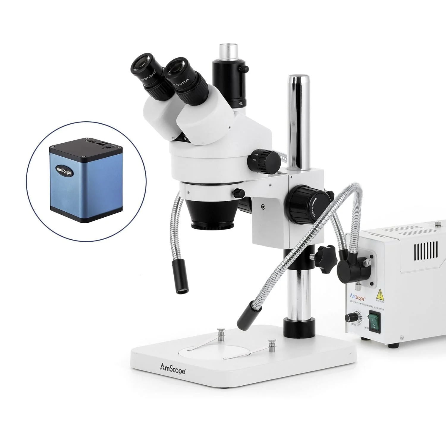 AmScope SM-1 Series Zoom Trinocular Stereo Microscope with 150W Halogen Dual Fiber Gooseneck Lights and Auto Focus Camera on Pillar Stand - Image 3
