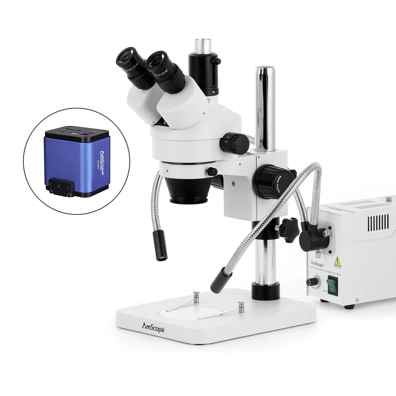 AmScope SM-1 Series Zoom Trinocular Stereo Microscope with 150W Halogen Dual Fiber Gooseneck Lights and Auto Focus Camera on Pillar Stand - Image 5