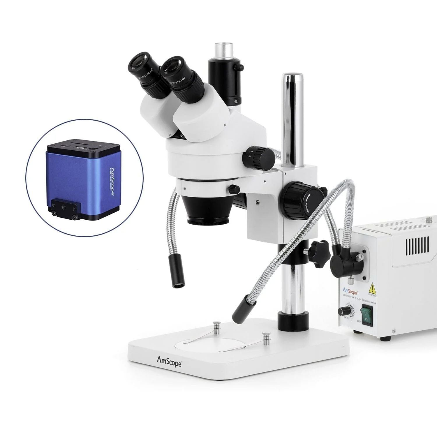 AmScope SM-1 Series Zoom Trinocular Stereo Microscope with 150W Halogen Dual Fiber Gooseneck Lights and HDMI Camera on Pillar Stand - Image 3