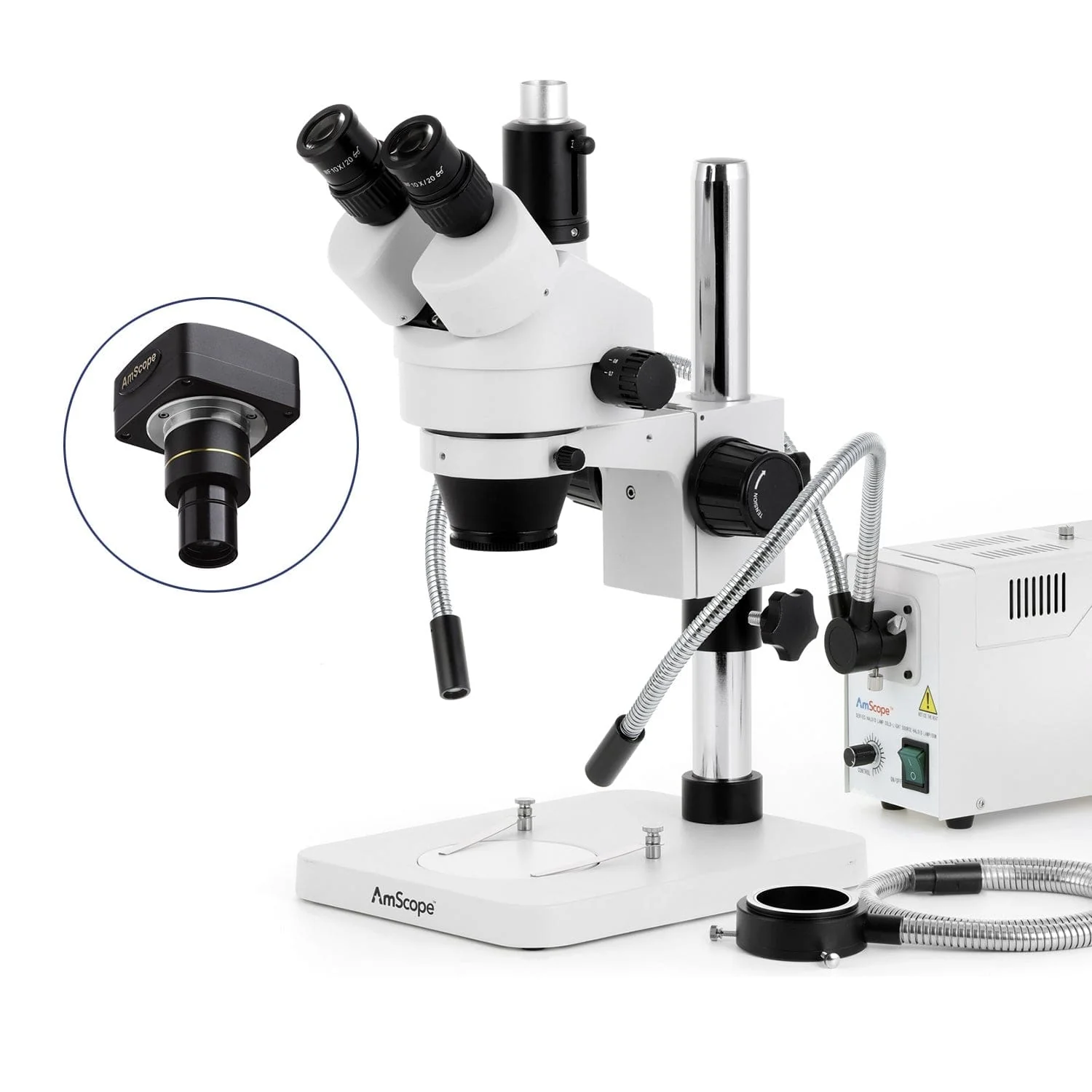 AmScope SM-1 Series Zoom Trinocular Stereo Microscope with 150W Halogen Dual Gooseneck & Ring Lights and Optional Digital Camera on Pillar Stand - Image 2