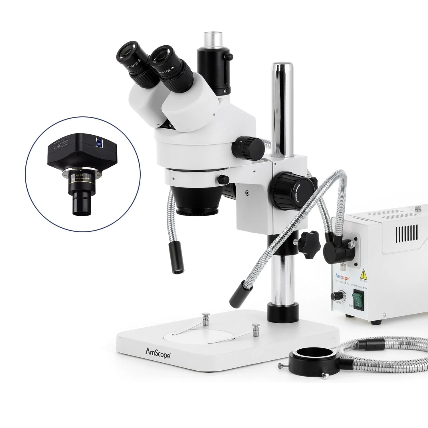 AmScope SM-1 Series Zoom Trinocular Stereo Microscope with 150W Halogen Dual Gooseneck & Ring Lights and Optional Digital Camera on Pillar Stand - Image 4