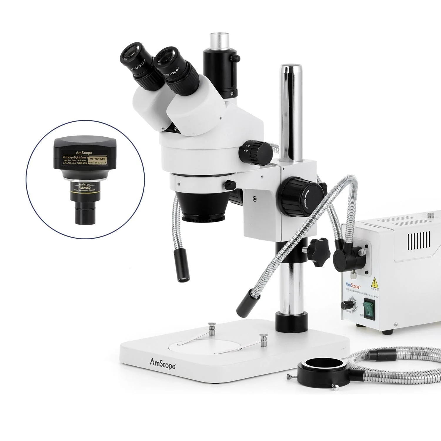 AmScope SM-1 Series Zoom Trinocular Stereo Microscope with 150W Halogen Dual Gooseneck & Ring Lights and Optional Digital Camera on Pillar Stand - Image 6