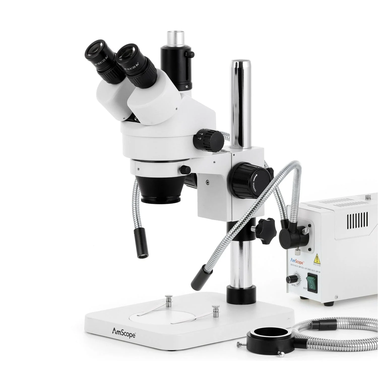 AmScope SM-1 Series Zoom Trinocular Stereo Microscope with 150W Halogen Dual Gooseneck & Ring Lights and Auto Focus Camera on Pillar Stand - Image 2