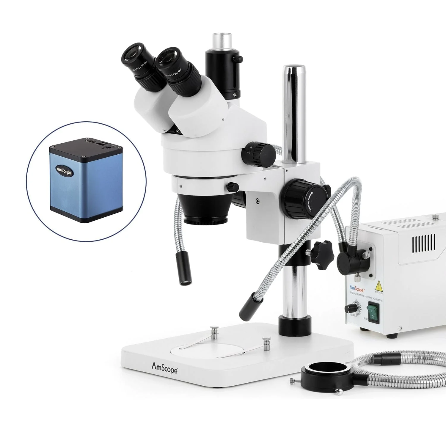 AmScope SM-1 Series Zoom Trinocular Stereo Microscope with 150W Halogen Dual Gooseneck & Ring Lights and Auto Focus Camera on Pillar Stand - Image 3