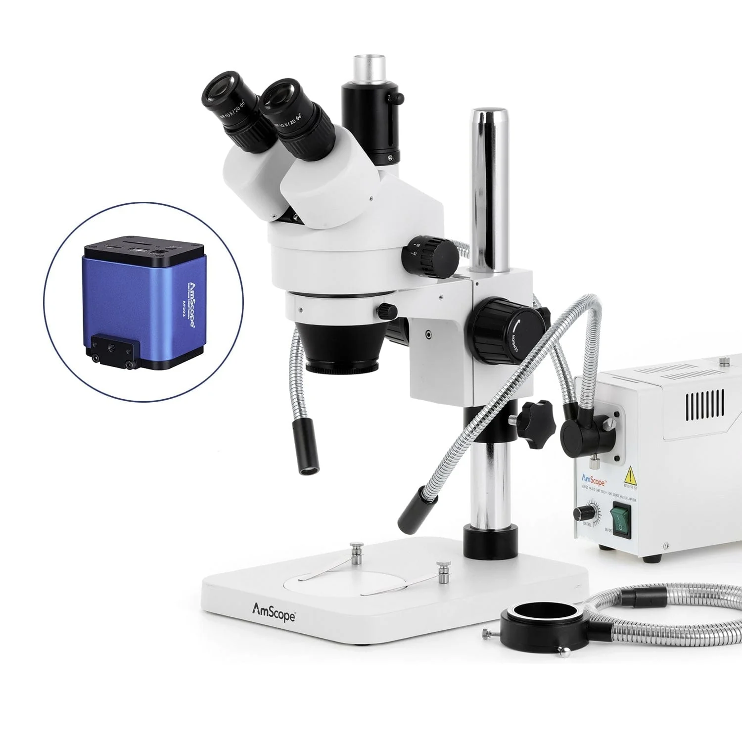 AmScope SM-1 Series Zoom Trinocular Stereo Microscope with 150W Halogen Dual Gooseneck & Ring Lights and Auto Focus Camera on Pillar Stand - Image 5
