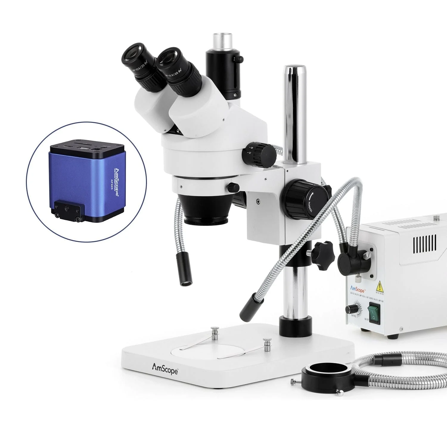 AmScope SM-1 Series Zoom Trinocular Stereo Microscope with 150W Halogen Dual Gooseneck & Ring Lights and Auto Focus Camera on Pillar Stand - Image 7