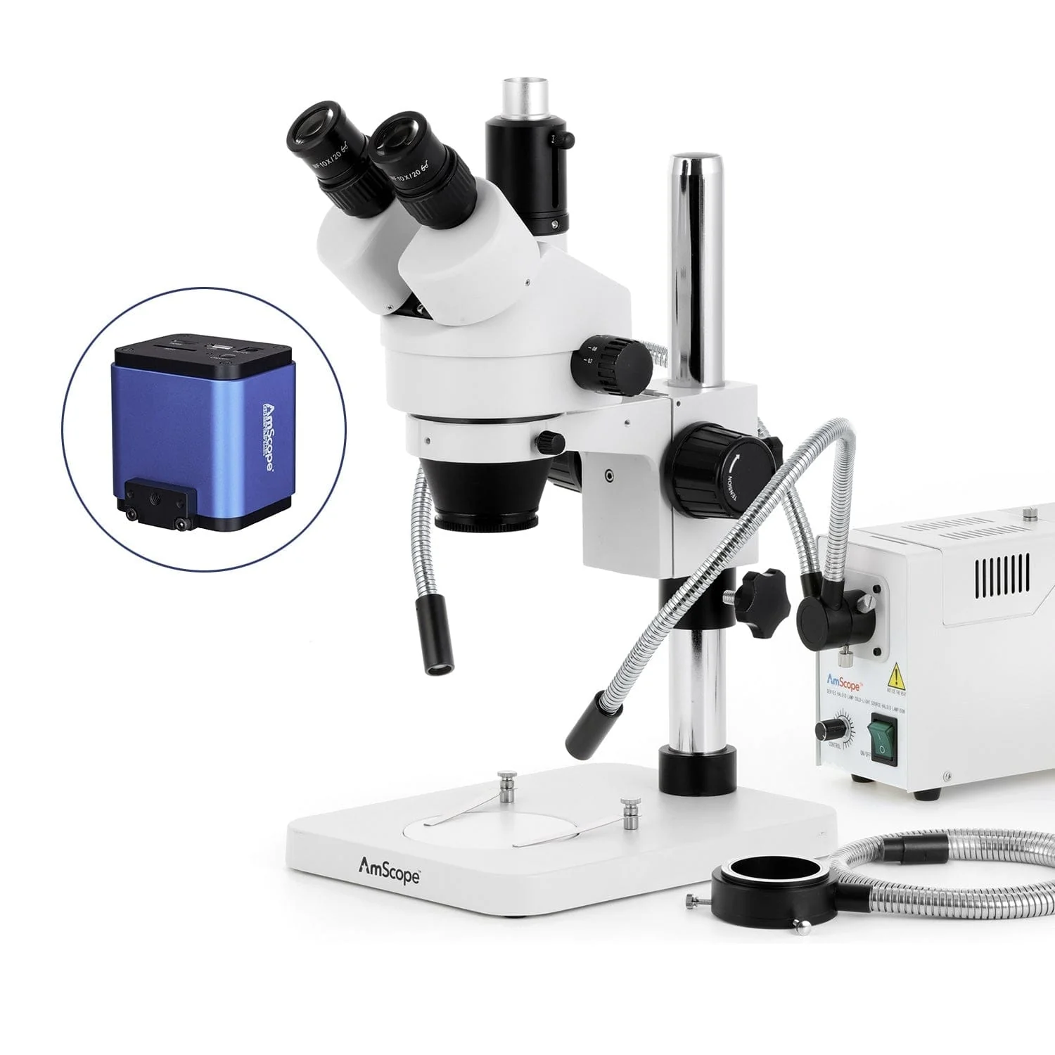 AmScope SM-1 Series Zoom Trinocular Stereo Microscope with 150W Halogen Dual Gooseneck & Ring Lights and HDMI Camera on Pillar Stand - Image 9