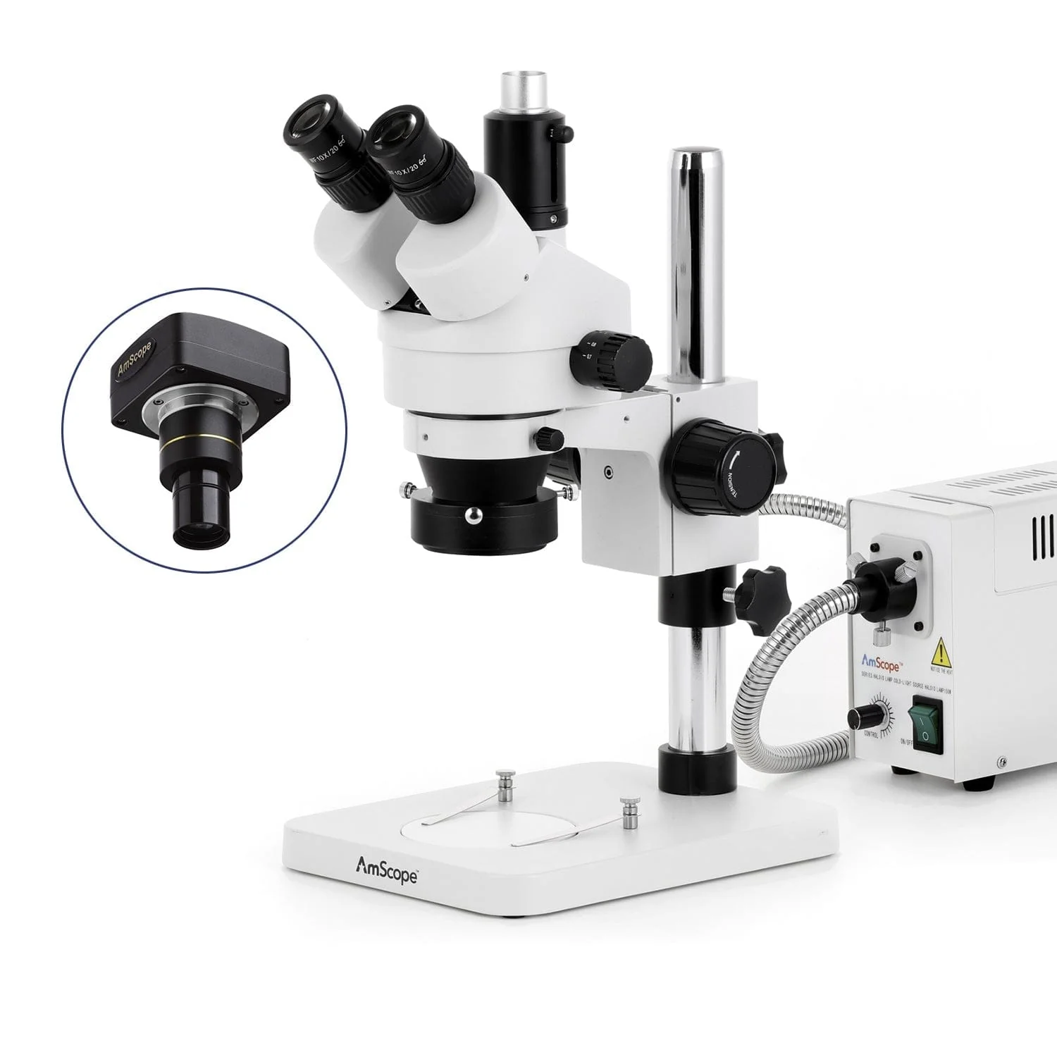 AmScope SM-1 Series Zoom Trinocular Stereo Microscope with 150W Halogen Ring Light and Optional Digital Camera on Pillar Stand - Image 2