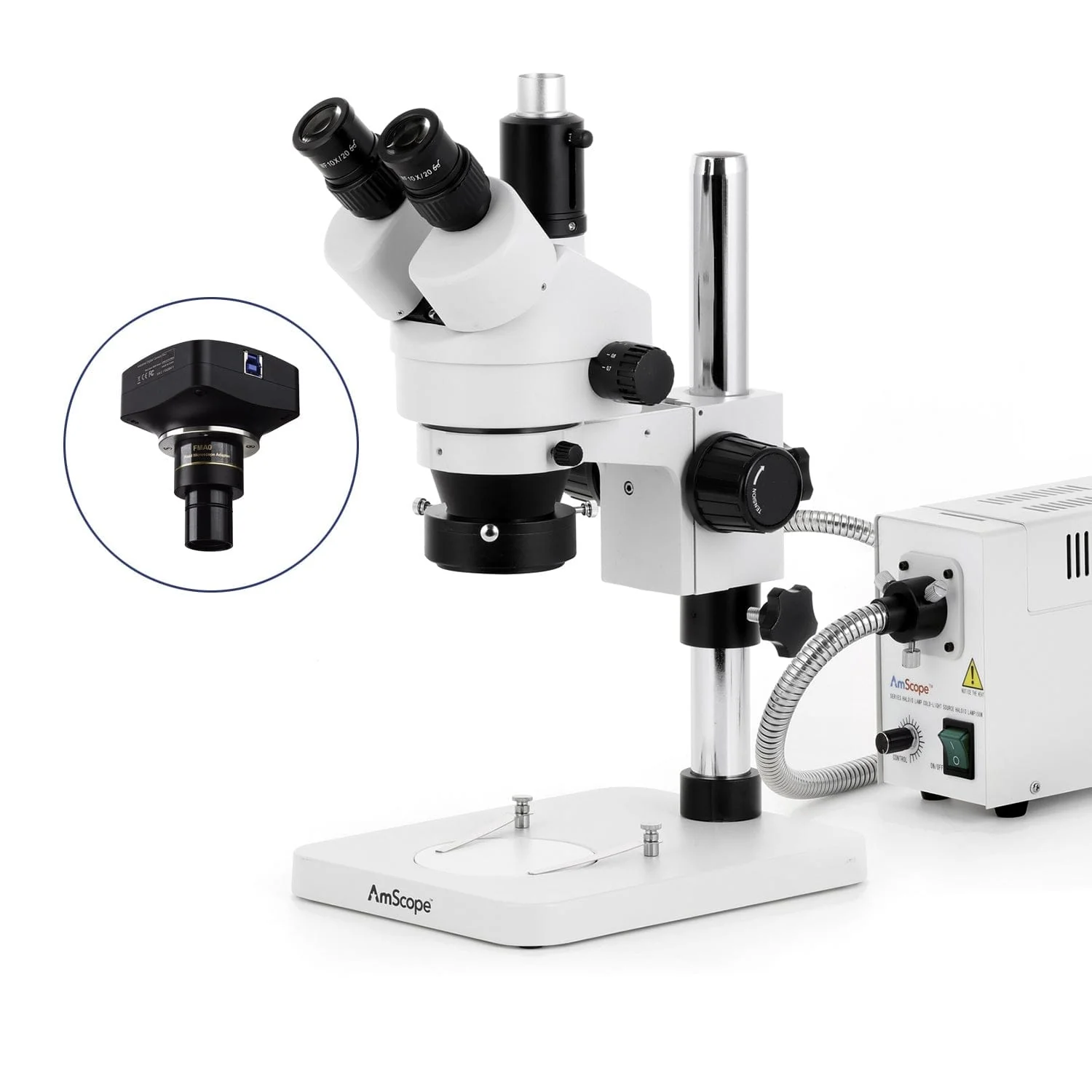 AmScope SM-1 Series Zoom Trinocular Stereo Microscope with 150W Halogen Ring Light and Optional Digital Camera on Pillar Stand - Image 4