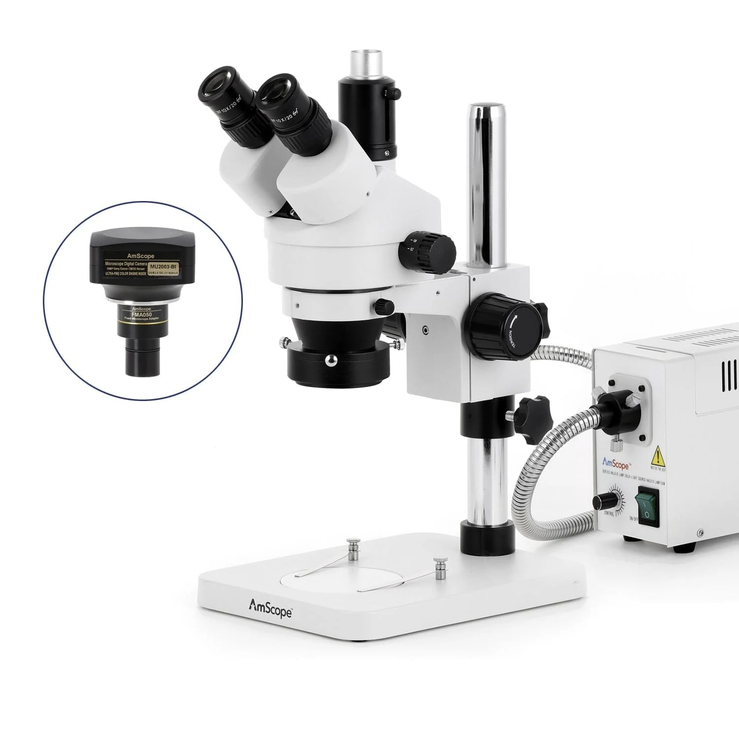 AmScope SM-1 Series Zoom Trinocular Stereo Microscope with 150W Halogen Ring Light and Optional Digital Camera on Pillar Stand - Image 6