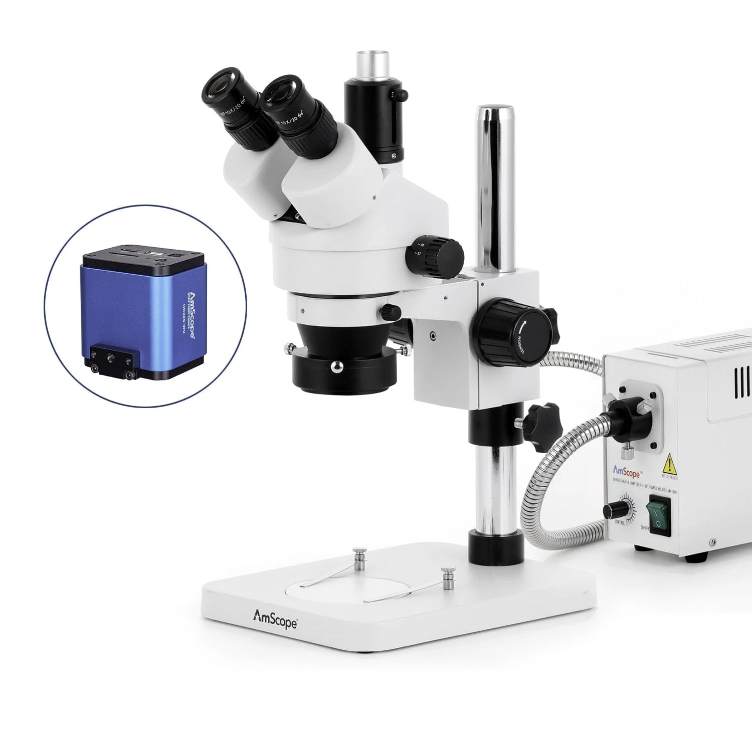 AmScope SM-1 Series Zoom Trinocular Stereo Microscope with 150W Halogen Ring Light and HDMI Camera on Pillar Stand - Image 7