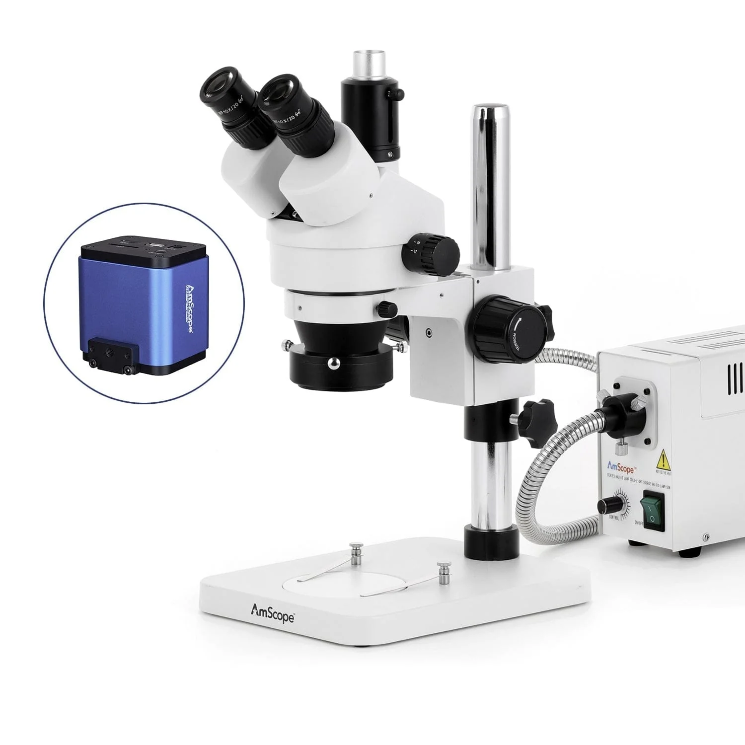 AmScope SM-1 Series Zoom Trinocular Stereo Microscope with 150W Halogen Ring Light and HDMI Camera on Pillar Stand - Image 9