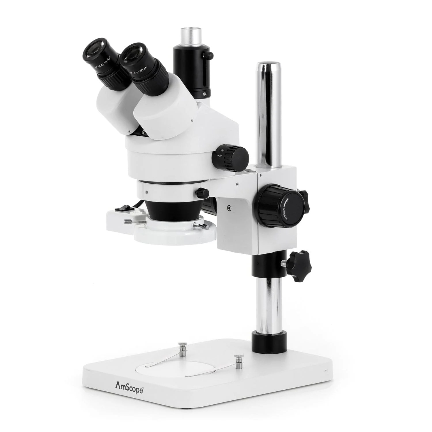 AmScope SM-1 Series Zoom Trinocular Stereo Microscope with 8W Fluorescent Ring Light and Optional Digital Camera on Pillar Stand