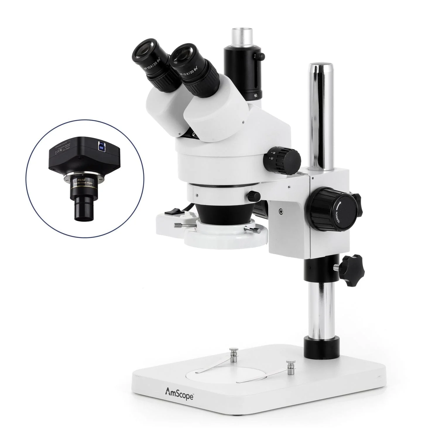 AmScope SM-1 Series Zoom Trinocular Stereo Microscope with 8W Fluorescent Ring Light and Optional Digital Camera on Pillar Stand - Image 4