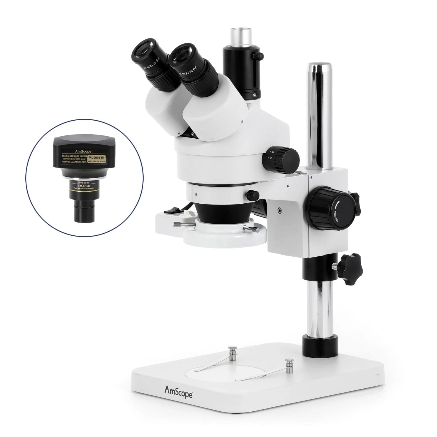 AmScope SM-1 Series Zoom Trinocular Stereo Microscope with 8W Fluorescent Ring Light and Optional Digital Camera on Pillar Stand - Image 6