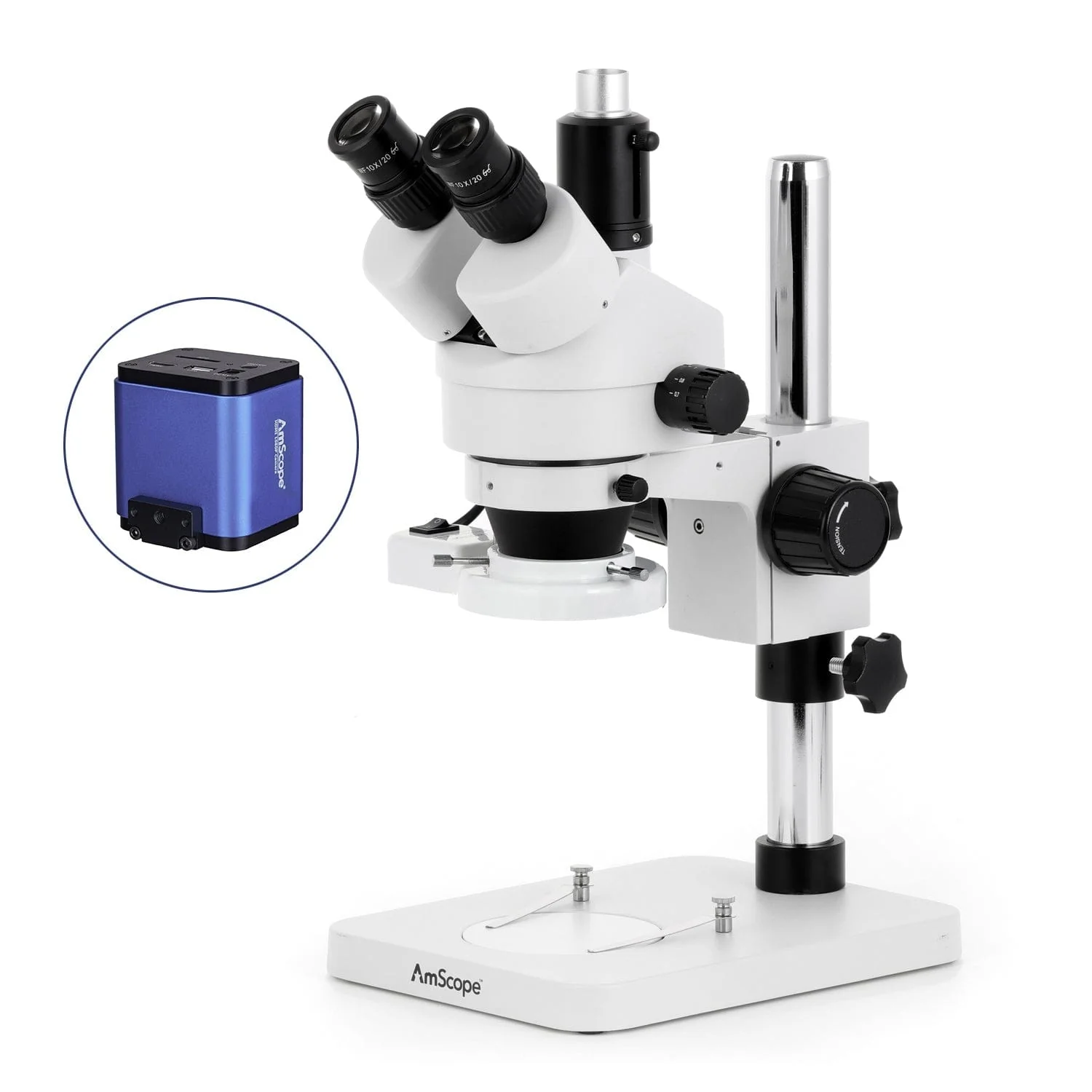 AmScope SM-1 Series Zoom Trinocular Stereo Microscope with 8W Fluorescent Ring Light and HDMI Camera on Pillar Stand - Image 2
