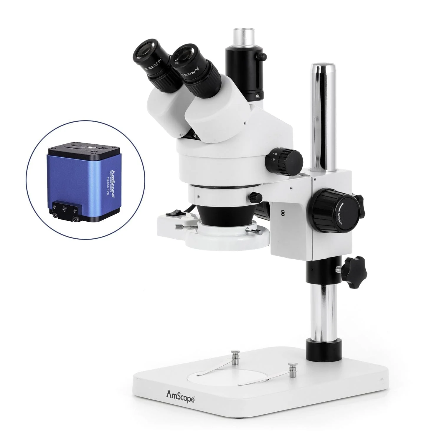 AmScope SM-1 Series Zoom Trinocular Stereo Microscope with 8W Fluorescent Ring Light and HDMI Camera on Pillar Stand - Image 4
