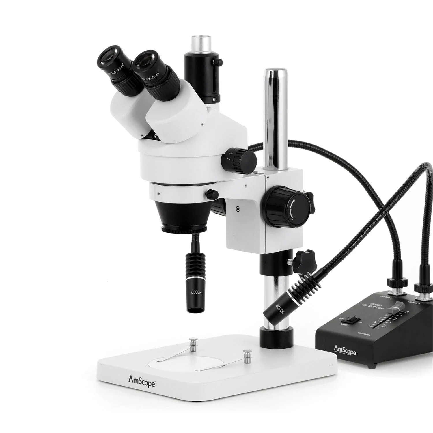 AmScope SM-1 Series Zoom Trinocular Stereo Microscope with 6W Dual-Gooseneck LED Illuminator and Optional Digital Camera on Pillar Stand