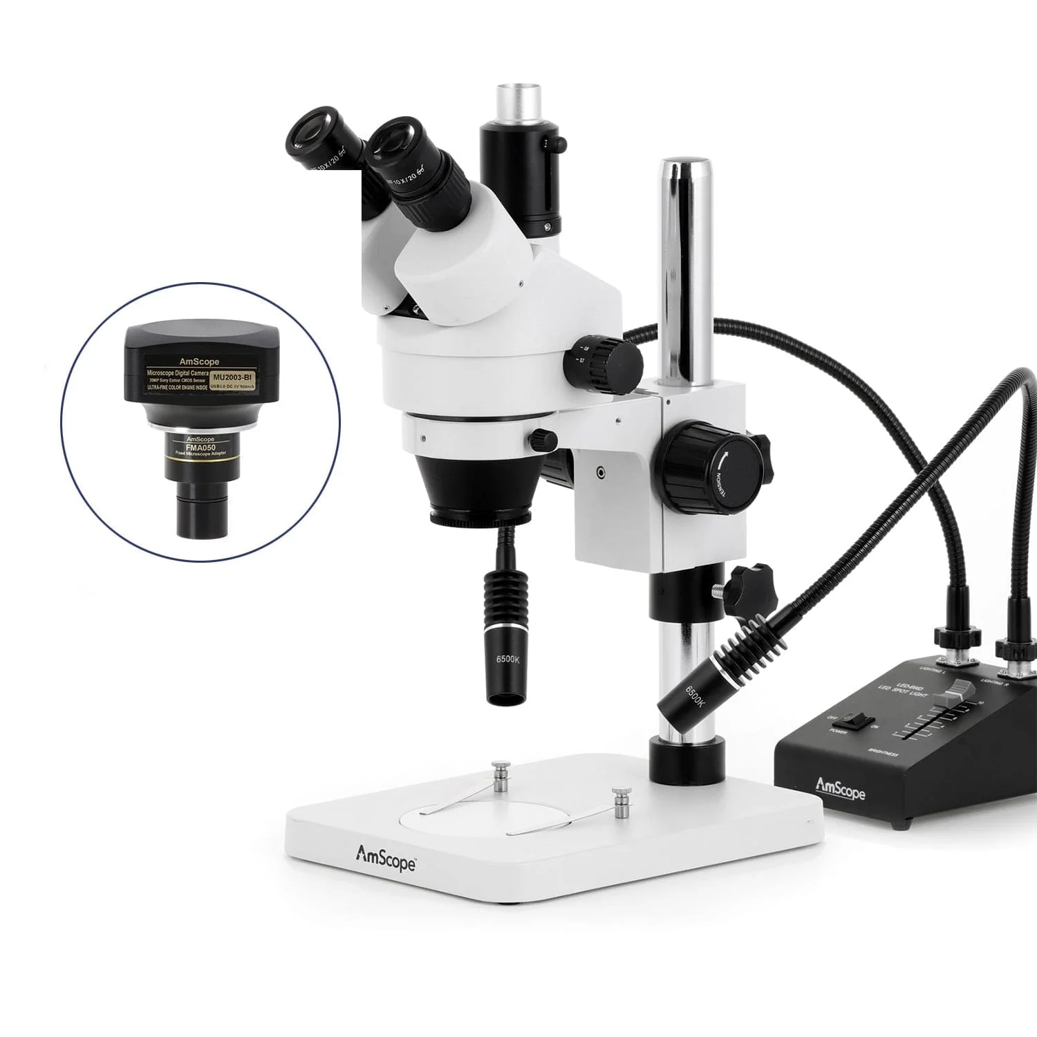 AmScope SM-1 Series Zoom Trinocular Stereo Microscope with 6W Dual-Gooseneck LED Illuminator and Optional Digital Camera on Pillar Stand - Image 6