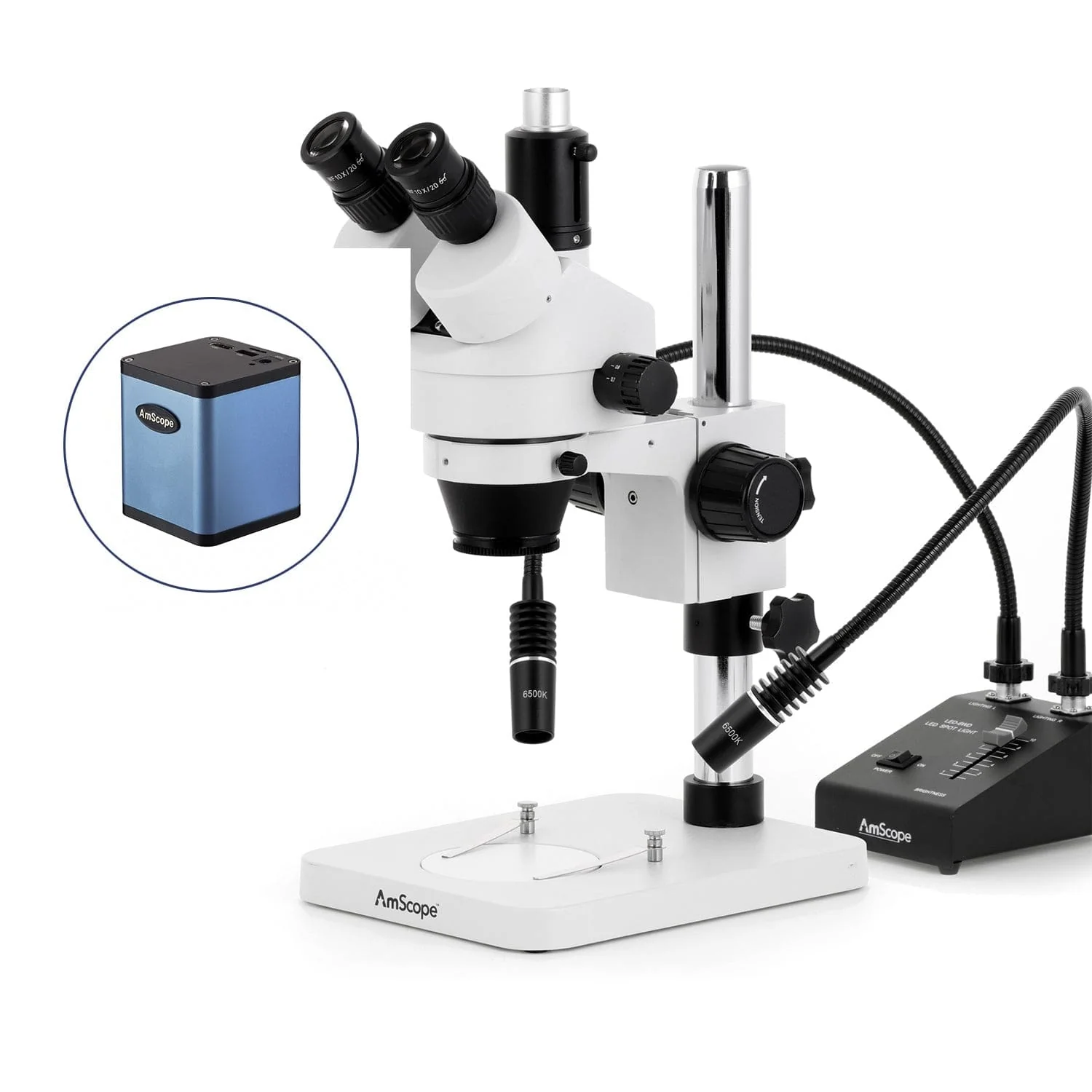 AmScope SM-1 Series Zoom Trinocular Stereo Microscope with 6W Dual-Gooseneck LED Illuminator and Auto Focus Camera on Pillar Stand - Image 2