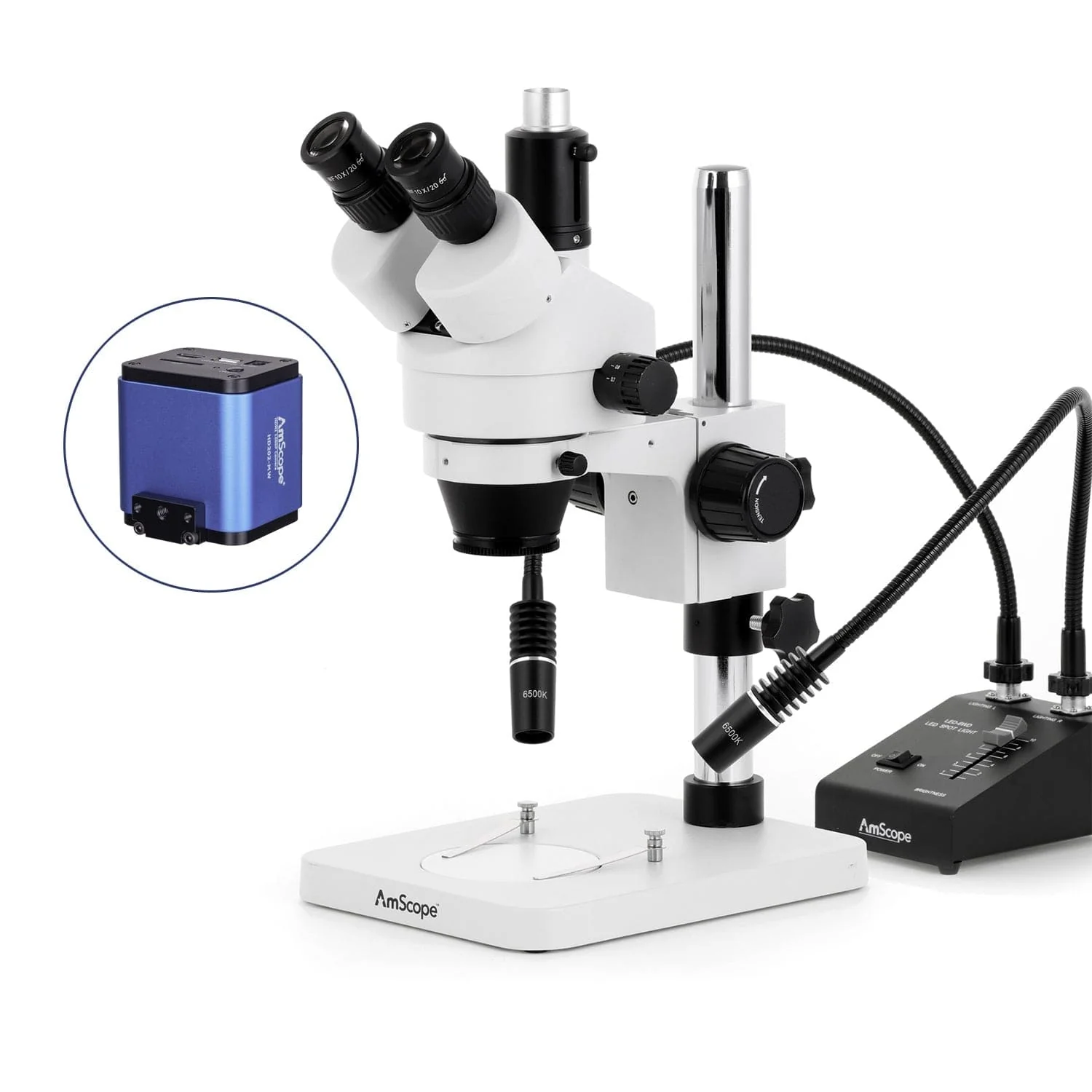 AmScope SM-1 Series Zoom Trinocular Stereo Microscope with 6W Dual-Gooseneck LED Illuminator and HDMI Camera on Pillar Stand - Image 4