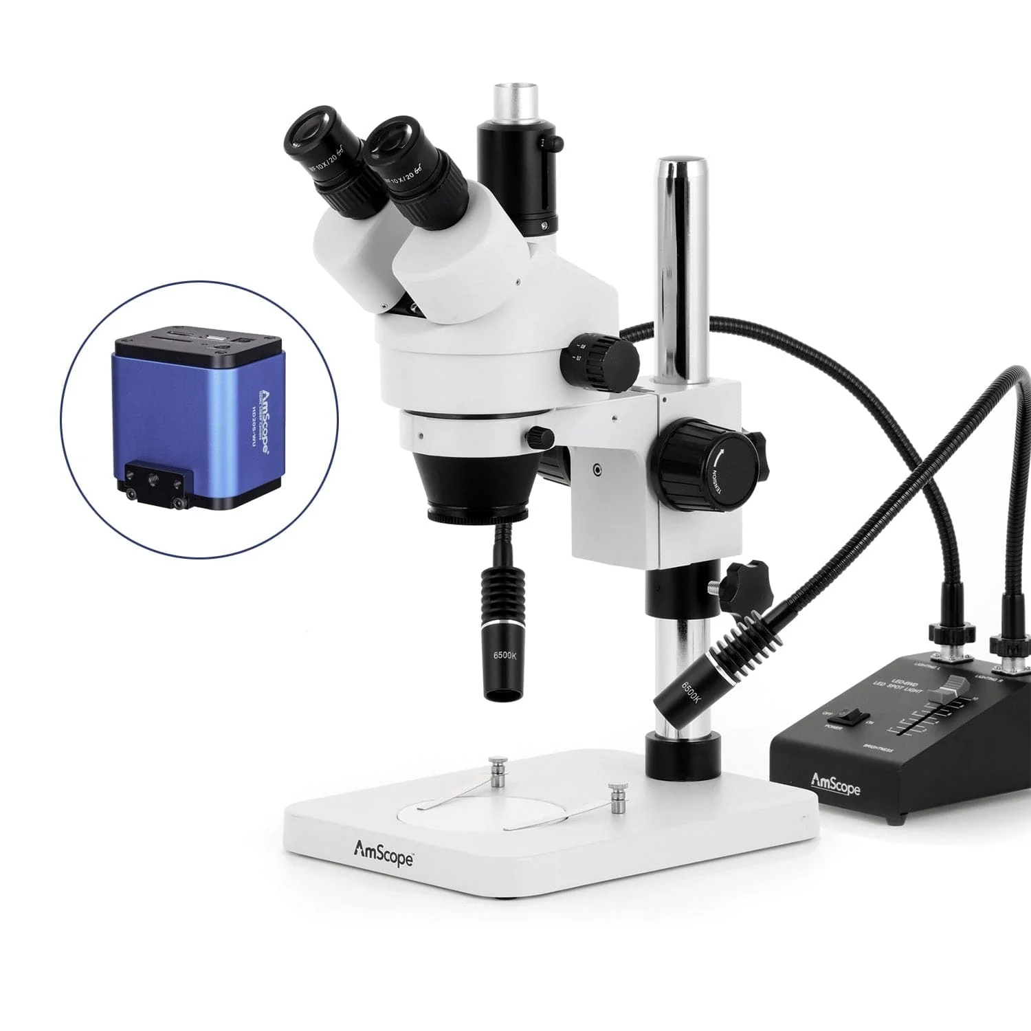 AmScope SM-1 Series Zoom Trinocular Stereo Microscope with 6W Dual-Gooseneck LED Illuminator and HDMI Camera on Pillar Stand - Image 6
