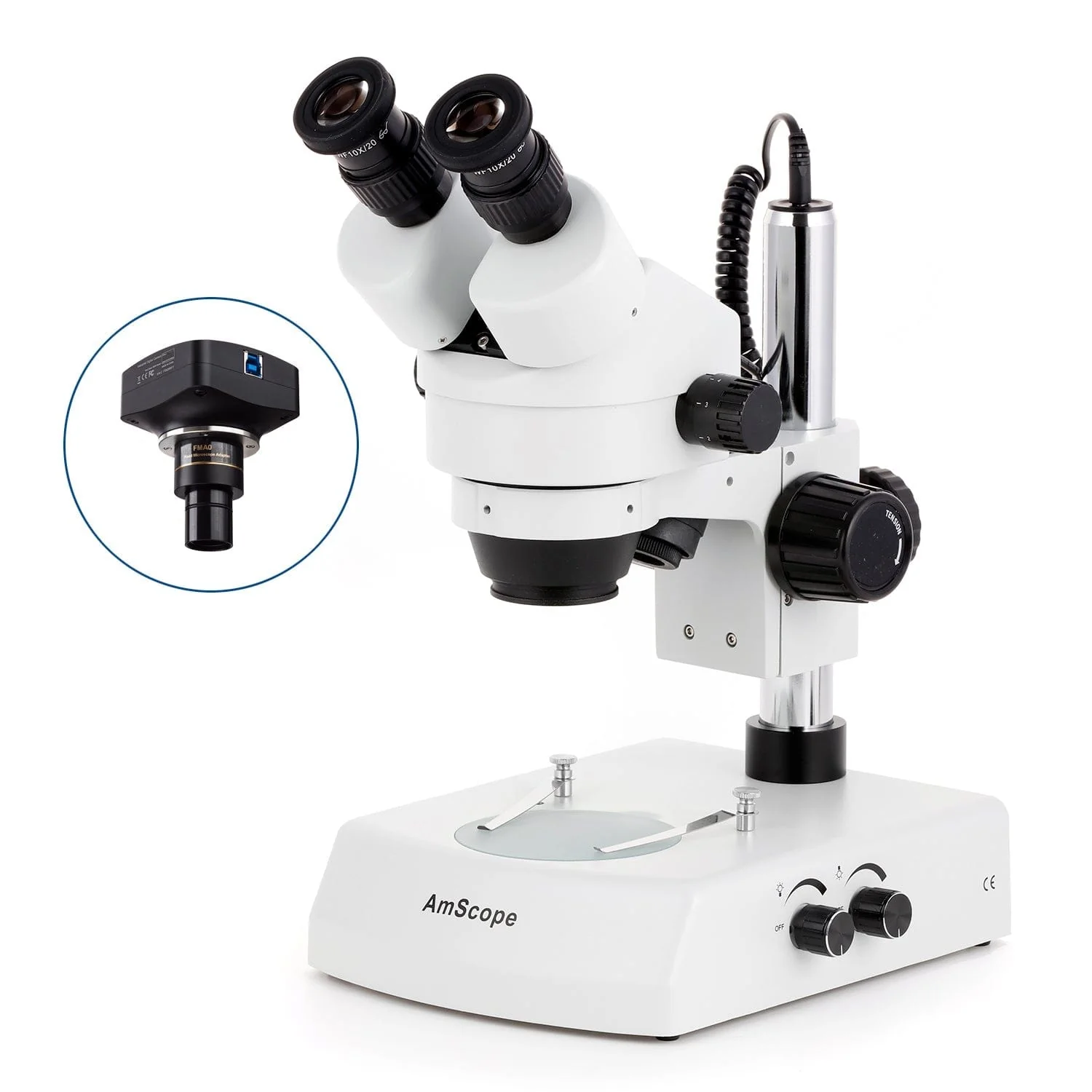 AmScope SM-2 Series Zoom Binocular Stereo Microscope on Pillar Stand with Dual Halogen Lights and Optional Digital Camera - Image 4