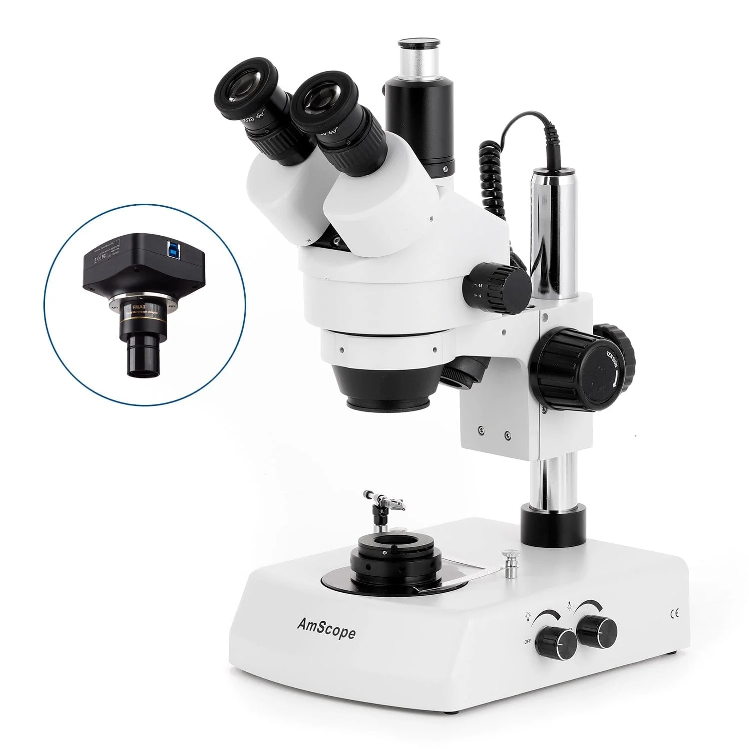 AmScope SM-2 Series Darkfield Trinocular Stereo Microscope on Pillar Stand with Dual Halogen Lights and Optional Digital Camera - Image 4