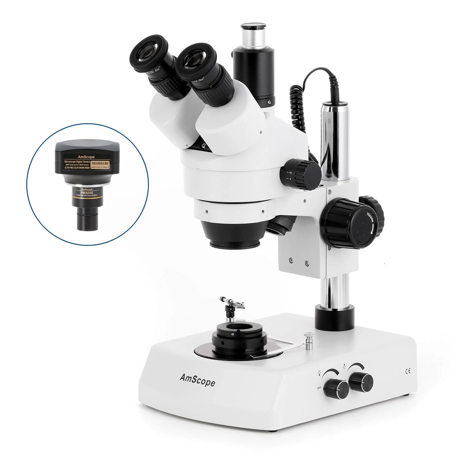 AmScope SM-2 Series Darkfield Trinocular Stereo Microscope on Pillar Stand with Dual Halogen Lights and Optional Digital Camera - Image 6