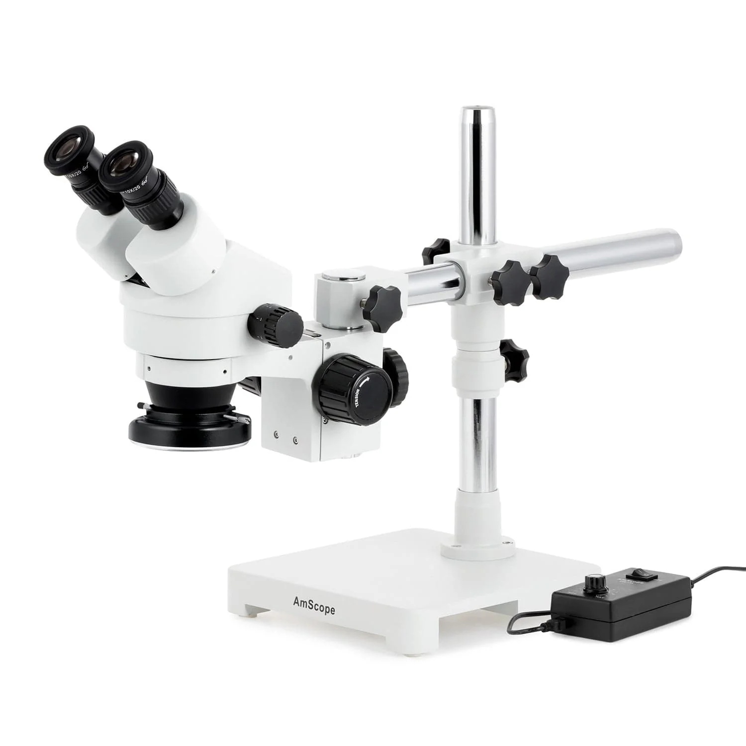 AmScope SM-3 Series Zoom Binocular Stereo Microscope with 144 LED Ring Light and Optional Digital Camera on Single Arm Boom Stand