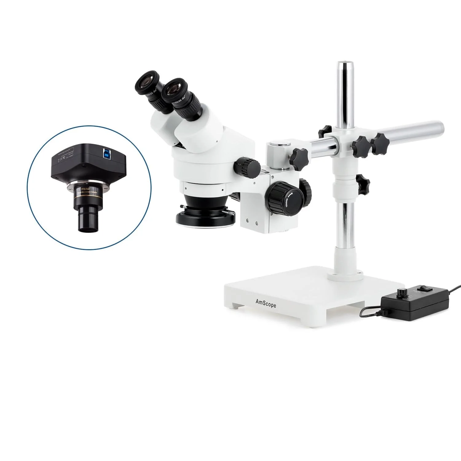 AmScope SM-3 Series Zoom Binocular Stereo Microscope with 144 LED Ring Light and Optional Digital Camera on Single Arm Boom Stand - Image 4