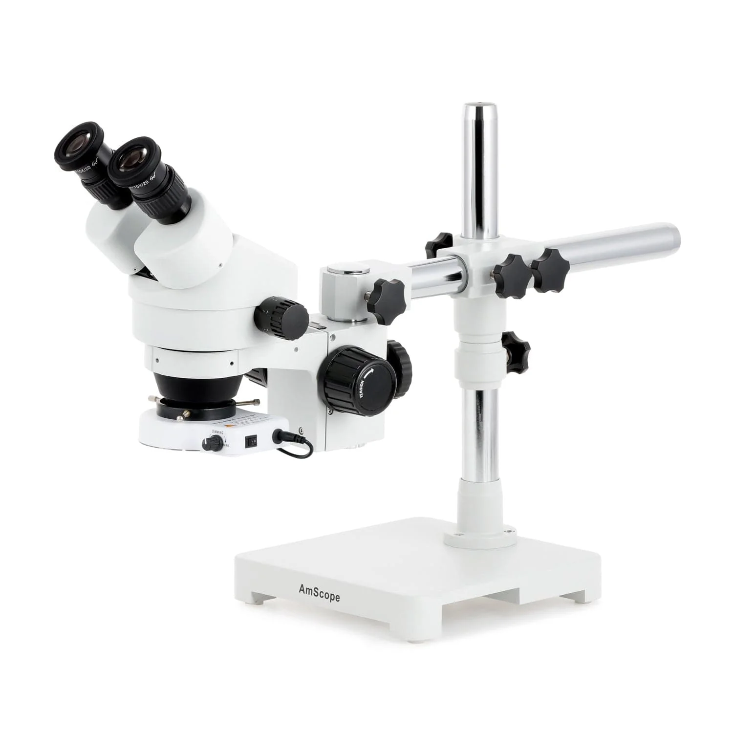 AmScope SM-3 Series Zoom Binocular Stereo Microscope with 144 LED Compact Ring Light and Optional Digital Camera on Single Arm Boom Stand