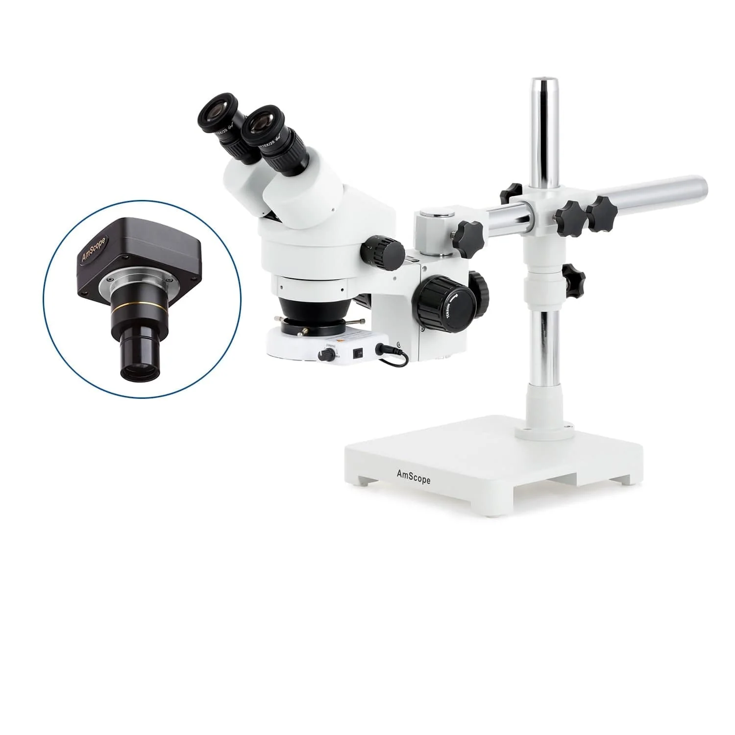AmScope SM-3 Series Zoom Binocular Stereo Microscope with 144 LED Compact Ring Light and Optional Digital Camera on Single Arm Boom Stand - Image 2