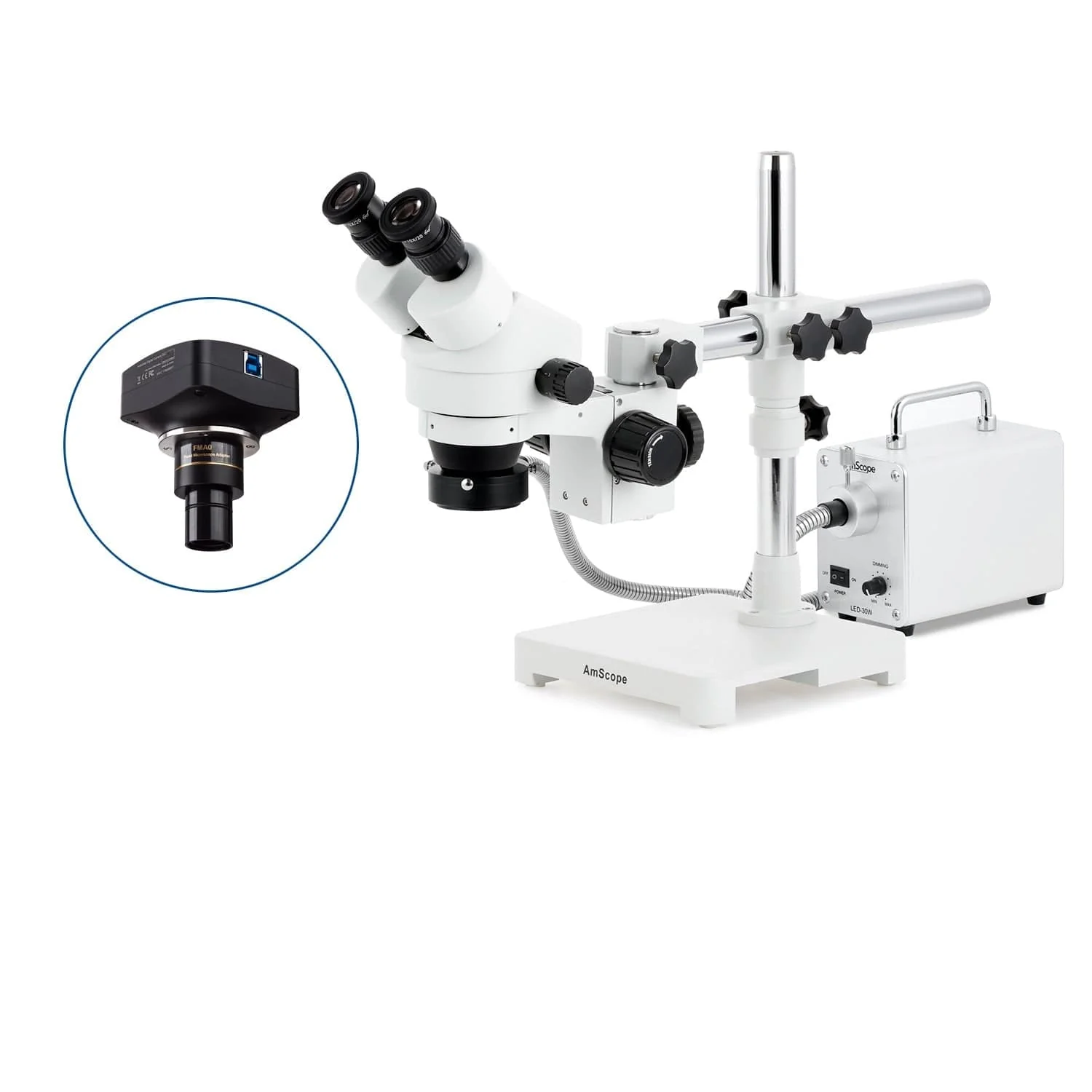 AmScope SM-3 Series Zoom Binocular Stereo Microscope with 30W LED Fiber Optic Ring Light and Optional Digital Camera on Single Arm Boom Stand - Image 4
