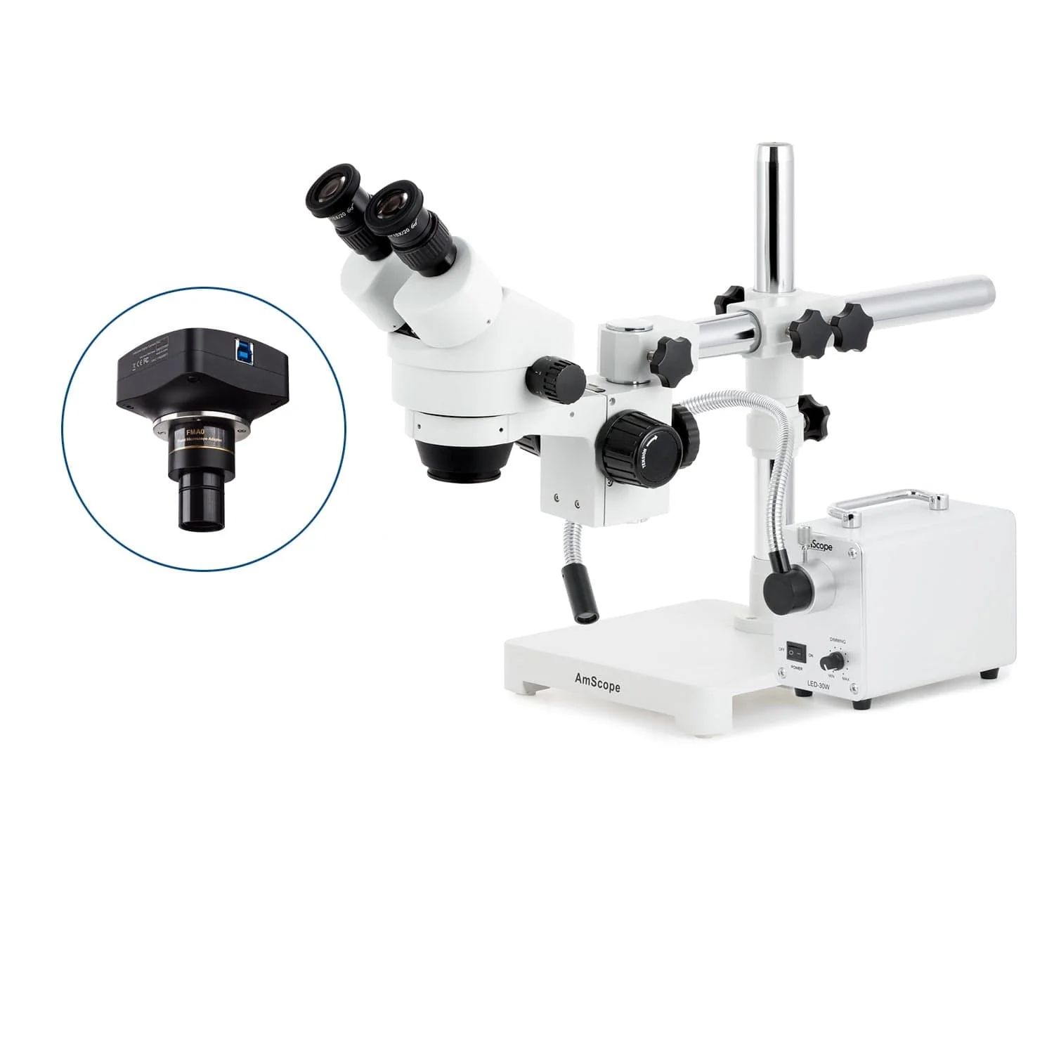 AmScope SM-3 Series Zoom Binocular Stereo Microscope with 30W LED Single Fiber Optic Gooseneck Light and Optional Digital Camera on Single Arm Boom Stand - Image 4