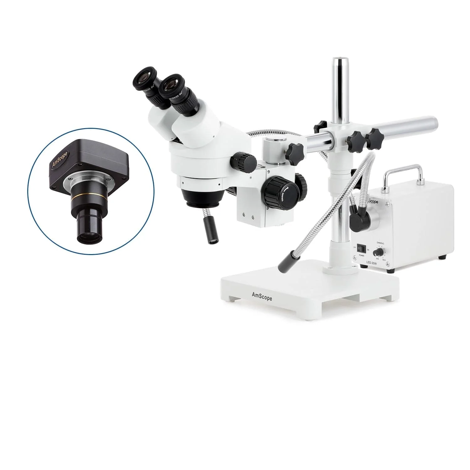 AmScope SM-3 Series Zoom Binocular Stereo Microscope with 30W LED Dual Gooseneck Fiber Optic Lights and Optional Digital Camera on Single Arm Boom Stand - Image 2
