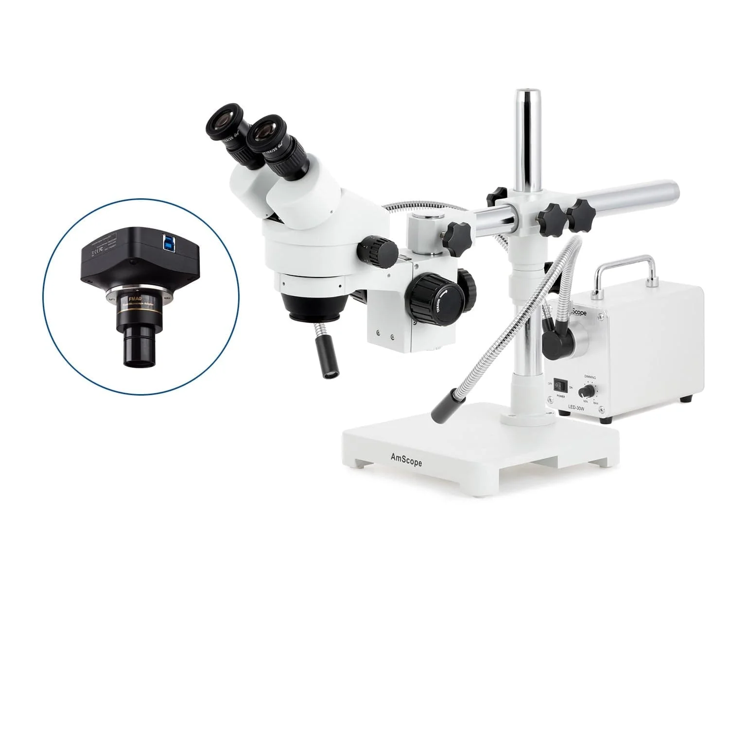 AmScope SM-3 Series Zoom Binocular Stereo Microscope with 30W LED Dual Gooseneck Fiber Optic Lights and Optional Digital Camera on Single Arm Boom Stand - Image 4