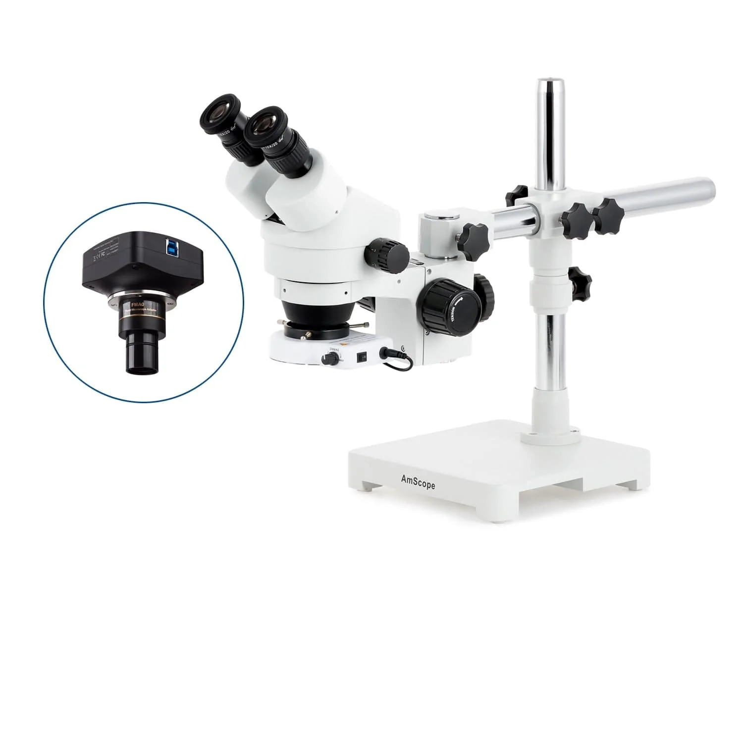 AmScope SM-3 Series Zoom Binocular Stereo Microscope with 56 LED Compact Ring Light and Optional Digital Camera on Single Arm Boom Stand - Image 4